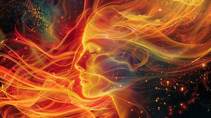 conceptual illustration of woman in ecstatic trance fiery desire and spiritual awakening psychedelic art