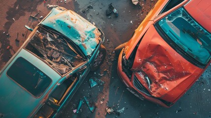 Overhead shot of two wrecked cars in a post-accident scene with scattered debris.