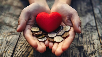 conceptual image of hands holding red heart and coins representing investment in love and relationships digital composite - Powered by Adobe