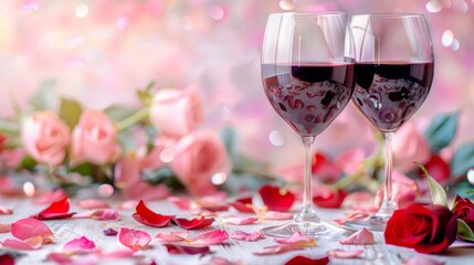 Two glasses of red wine surrounded by roses and petals, with a soft bokeh background.
