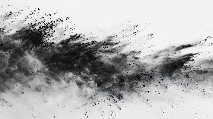 Charcoal Textures, Black particles splash across a white backdrop, creating an abstract pattern of smoke, dust, and powder, capturing the raw beauty of texture and movement.