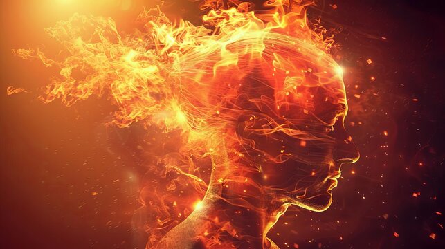 conceptual image of a person with head exploding in fiery flames representing anger stress or a powerful idea 3d render