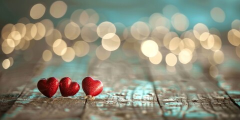 Two red glittering hearts on textured surface with warm bokeh lights, symbolizing love and romance.