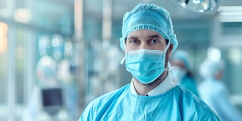 Confident male surgeon wearing blue scrubs and a surgical mask in a modern operating room.