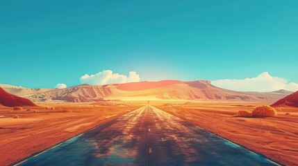 Fototapeta na wymiar desert road highway, front sunlight, dry air warped by the heat