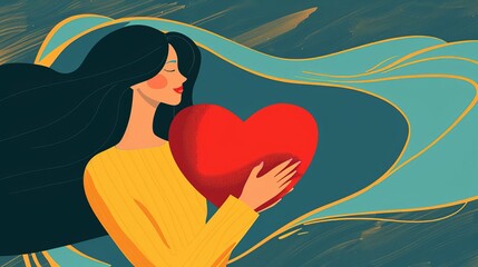 Woman with hand on kind heart, feeling self love, bliss, harmony, positive emotion Happy calm peaceful girl volunteer Care, humanity, self help and peace concept Colored flat vector illustration