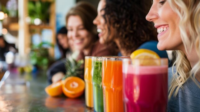A group of coworkers taking a break from their busy day trying out the cafÃ©s signature coldpressed juices and smoothies.