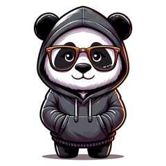 cartoon character of adorable panda wearing glasses and grey hoodie