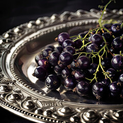 Luxurious close-up of glossy black currants arranged on a detailed antique silver tray, highlighting their rich color.