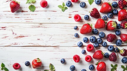 Fresh strawberries, raspberries, blueberries, and mint are beautifully displayed on a white wooden table. These vibrant natural foods are perfect ingredients for a berry cake recipe AIG50