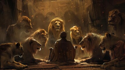 daniel in the lions den hungry lions surrounding faithful prophet digital bible illustration