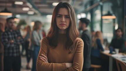 a woman isolated and frustrated in the middle of a crowded corporate office, she is surrounded on all sides by successful male co-workers. advertising campaign for women concept. generative AI