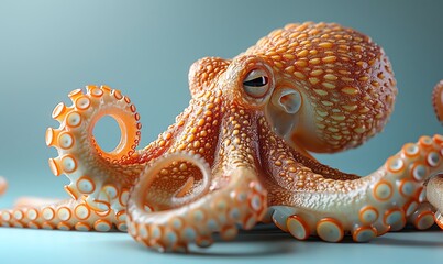 Obraz premium 3D octopus on light blue background, studio shot, photorealistic, rendered in Octane, with volumetric lighting