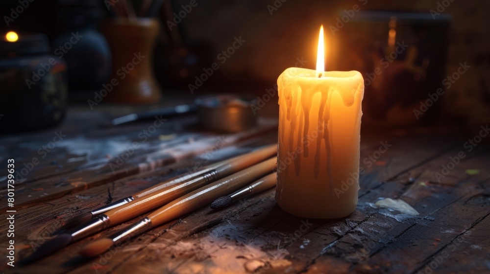 Aufkleber the flickering candlelight reflects off the gleaming paintbrushes and tools neatly lying on the rust