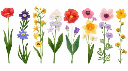 Botanical set of garden floral plants Gorgeous clematis, craspedia, daffodil, irises, peony, poppy, tulip and pansy flowers isolated on white background Colorful flat vector illustration