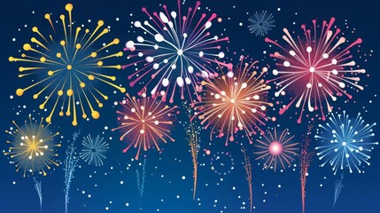 Exploding festival firework Festive show in night sky Flashes of celebratory salutes Holiday celebration scene Colorful flat vector cartoon illustration