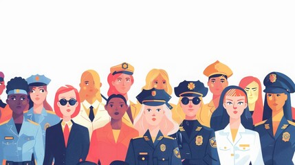 Crowd of smart and strong women of different professions female soldier, firefighter, police officer, businesswoman Career equality concept Flat vector illustration isolated on white