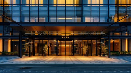 modern hotel exterior with a sleek glass facade in the late afternoon