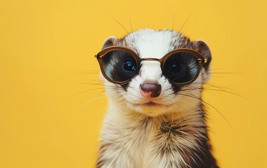 Creative animal concept. Weasel with sunglasses isolated on pastel yellow background. 