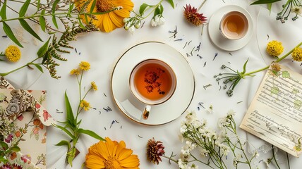 Cup of tea surrounded by colorful flowers - A calming flat-lay of a tea cup surrounded by a variety of vibrant, fresh flowers and a floral notebook