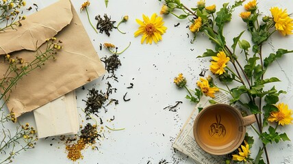 Flat Lay of Tea and Flowers - A flat lay with herbal tea, flowers, and vintage elements suggests a theme of calmness and natural healing