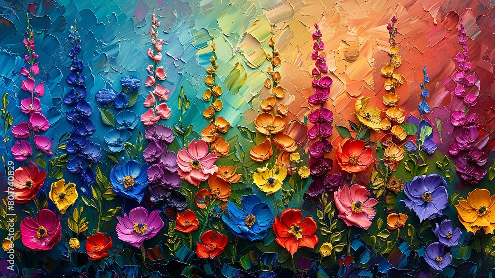 Poster vibrant textured floral oil painting - a richly textured oil painting featuring a multicolored array