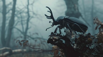 Stag beetle on a misty woodland twig - A stag beetle perched precariously on a twig in a fog shrouded misty woodland