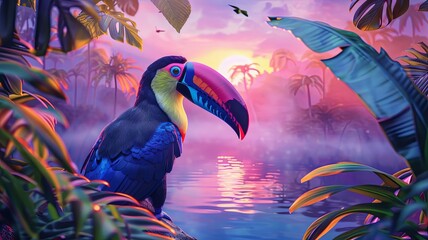 Obraz premium Toucan perched amidst jungle foliage - A vibrant toucan with a colorful beak is set against a dreamy jungle background with mist and a setting sun