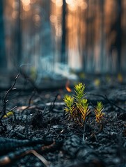 Young pine seedlings sprout after a forest fire - Against all odds, vibrant young pine seedlings rise from the dark ashes of a forest devastated by wildfire, a testament to nature's resilience