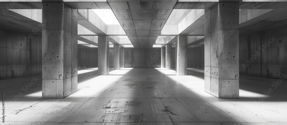 Poster a vast room filled with robust concrete columns creating a strong architectural presence