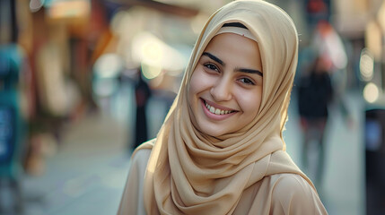 Successful middle eastern businesswoman standing in big city modern skyscrapers dreaming on new opportunities
