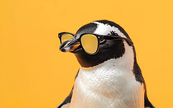 Creative animal concept. Penguin with sunglasses isolated on pastel yellow background. 
