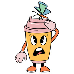 Vector groovy Cartoon coffee cup character with surprised expression as butterfly lands on its lid