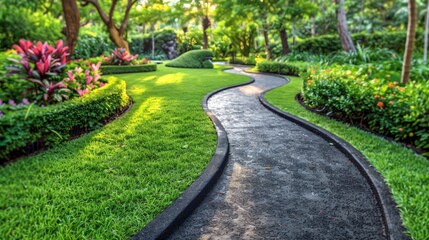 Curved Pathway, A winding path of green turf curves through a landscaped garden, blending into paved walkways, surrounded by lush greenery and flowers, capturing the harmony between nature and design.