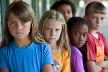 Portrait of sad schoolchildren looking at camera in corridor at school