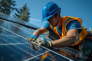Focused solar power engineer installing solar panels on a bright sunny day, symbolizing the advancement of clean energy technologies