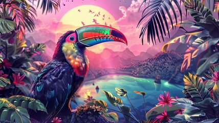 Obraz premium Vibrant toucan in a surreal tropical setting - Vivid and colorful digital art illustration of a toucan amid a surreal, dreamlike tropical landscape