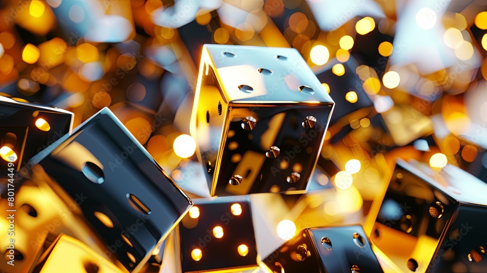 Poster shiny golden dice floating in dark void - dreamy composition displaying multiple golden dice with br