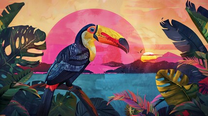 Obraz premium Stylized toucan against sunset and flora - Artistic of a toucan in a stylized environment with sunset and native flora elements