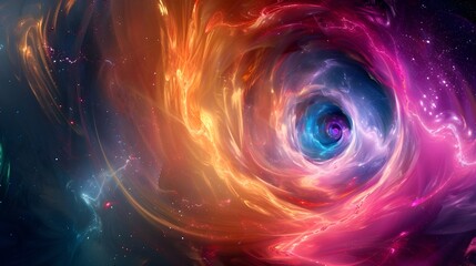 Obraz premium Vibrant cosmic background featuring a swirling galaxy and black hole with vivid pink and blue nebulas, ideal for science fiction themes or space-related content with ample space for text