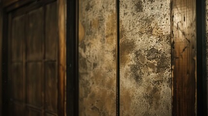 Aged wall textures and wooden details - Mysterious atmospheric shot highlighting the rich textures of aged walls and wooden panel details