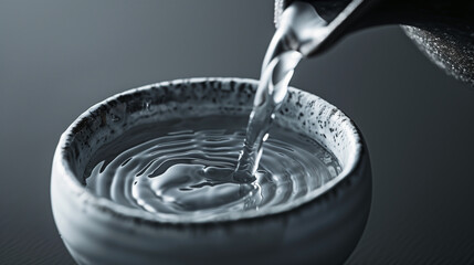 Pouring Sake into a Traditional Japanese Ochoko Cup Closeup