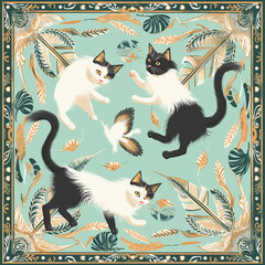 vector graphic Balinese Feather toys can be irresistible to cats, encouraging them to jump and pounce, Small pattern and turn around and come back, surrounded by Art deco borders a