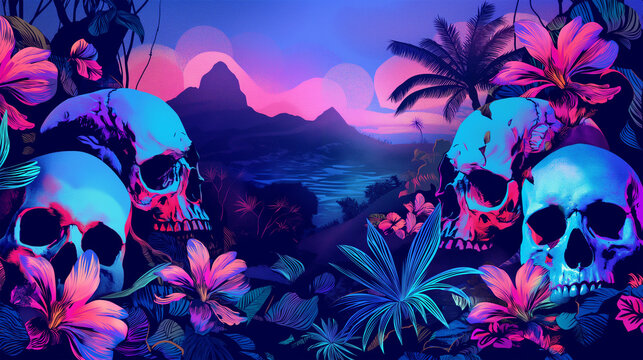 The many skulls in the topical beach and summer flower with forest tree isolation background, Illustration