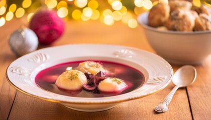 Traditional polish christmas eve dinner barszcz and uszka on wooden table with beautiful christmas decorations