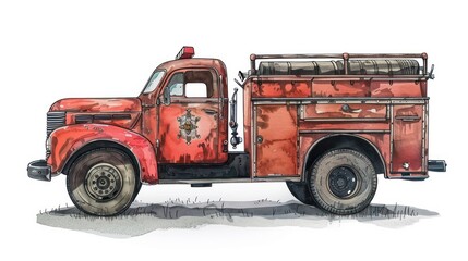 old dirty fire truck on white background