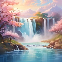 A serene landscape painting in soft pastel hues, depicting a gently flowing waterfall, capturing the cascading water droplets and the mesmerizing mist it creates.