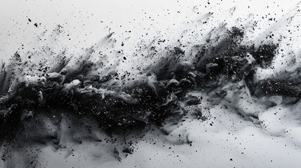 Dust Blast, A dramatic burst of charcoal particles fills the air, creating a textured splash against a stark white background, as black and grey specks swirl and blend, capturing the raw beauty of mov