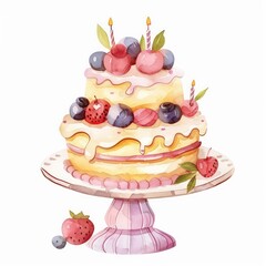 birthday cake nice decor watercolor, white background 