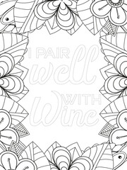 Keychain Quotes Flower Coloring Page Beautiful black and white illustration for adult coloring book